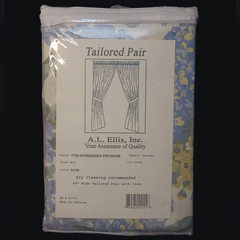 New - A. L. Ellis Hydrangea Tailored Pair Blue Floral Curtains Style# T759